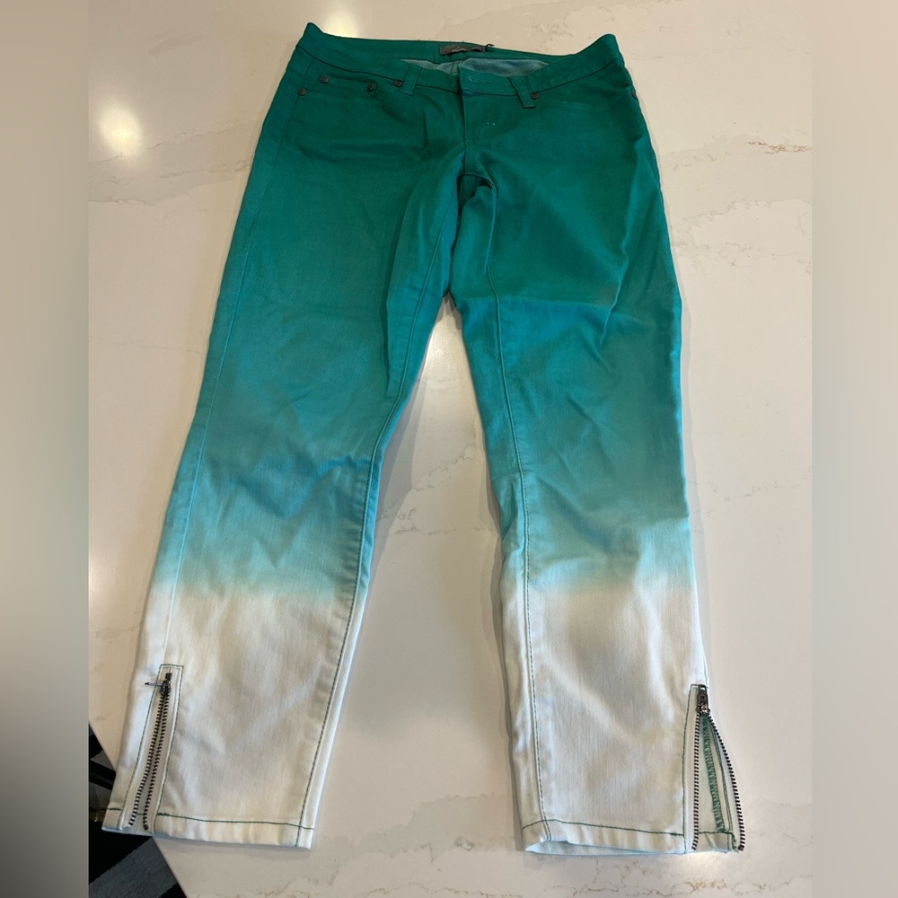 Prana Teal to White Ombre Capris with Ankle Zippers